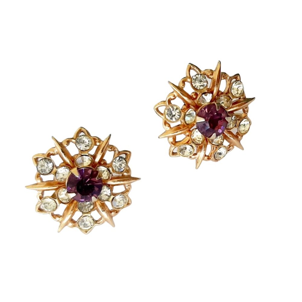 True Vintage 1950s Small Gold Metal Earrings With Purple And Clear Rhinestones